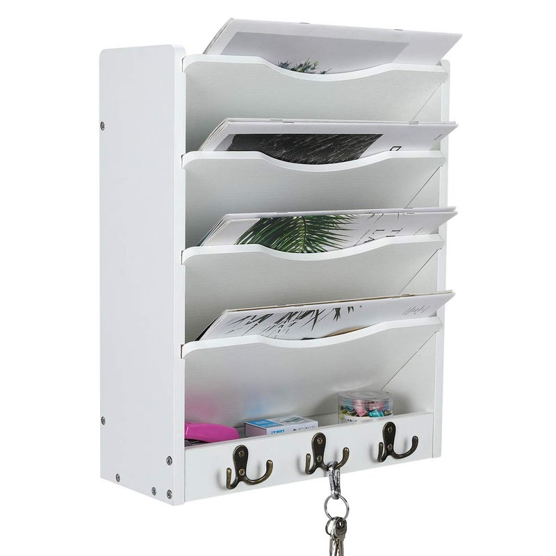 PAG 5-Tier Wall File Holder Hanging Mail Organizer Wood Magazine Literature Rack with 6 Hooks, White - Image 3